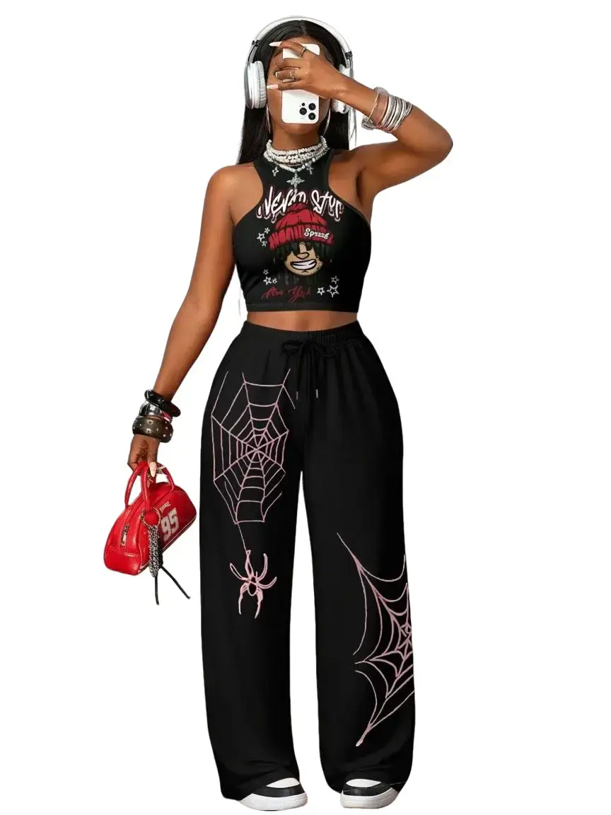 Women's Letter And Spider Web Print Drawstring Waist Jogger Pants, For Rave, Emo, 2000s Style