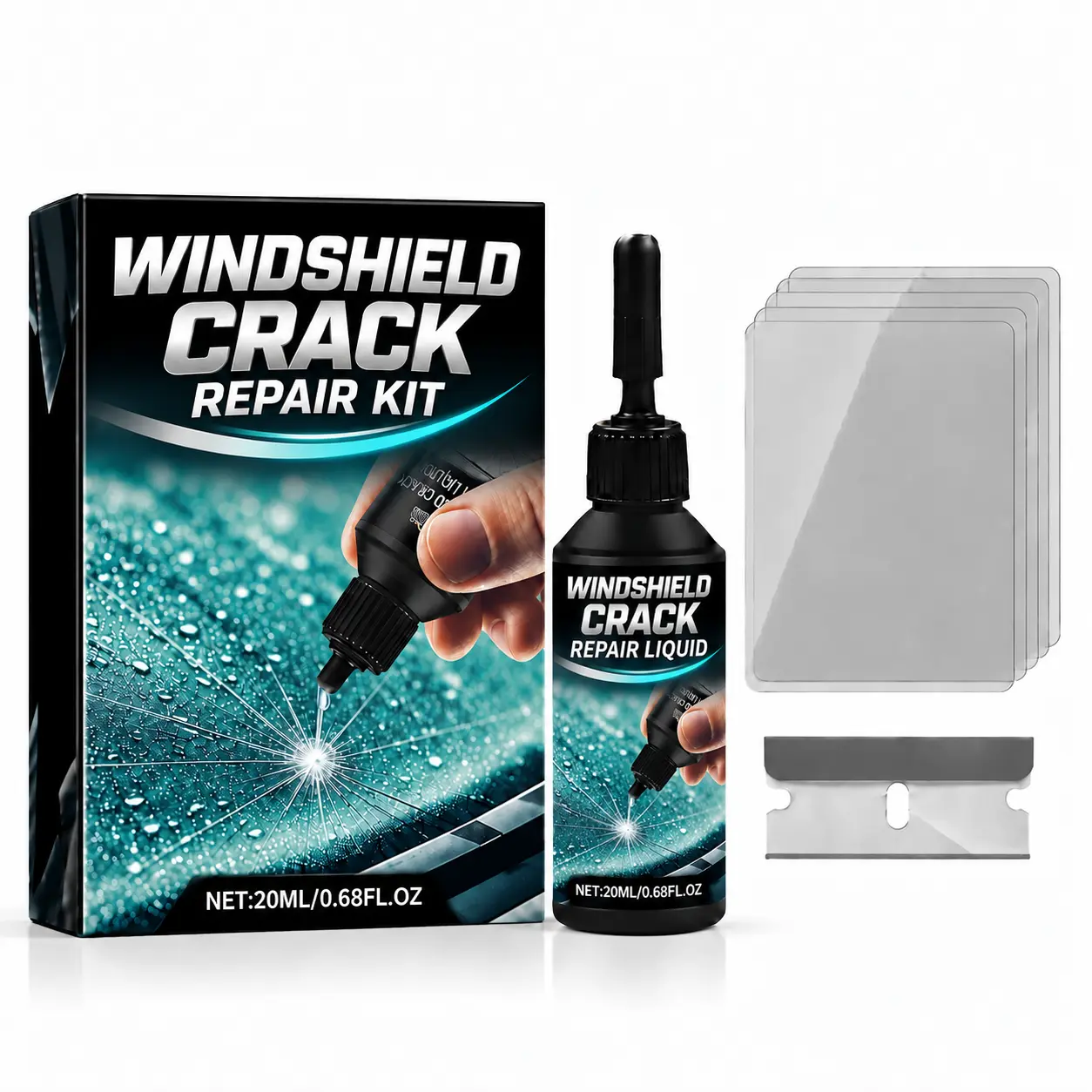 Car Windshield Crack Repair Kit, 20ml UV Curing Resin with 4 Curing Films and Scraper Blade for Small Chips and Star-Shaped Cracks, DIY Auto Glass Care Set