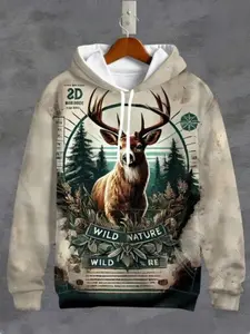 Men's 3D Deer Graphic Hoodie, Long Sleeve Pullover, Adjustable Drawstring, Fall & Winter Warm Polyester, Outdoor Camping Hiking Jacket