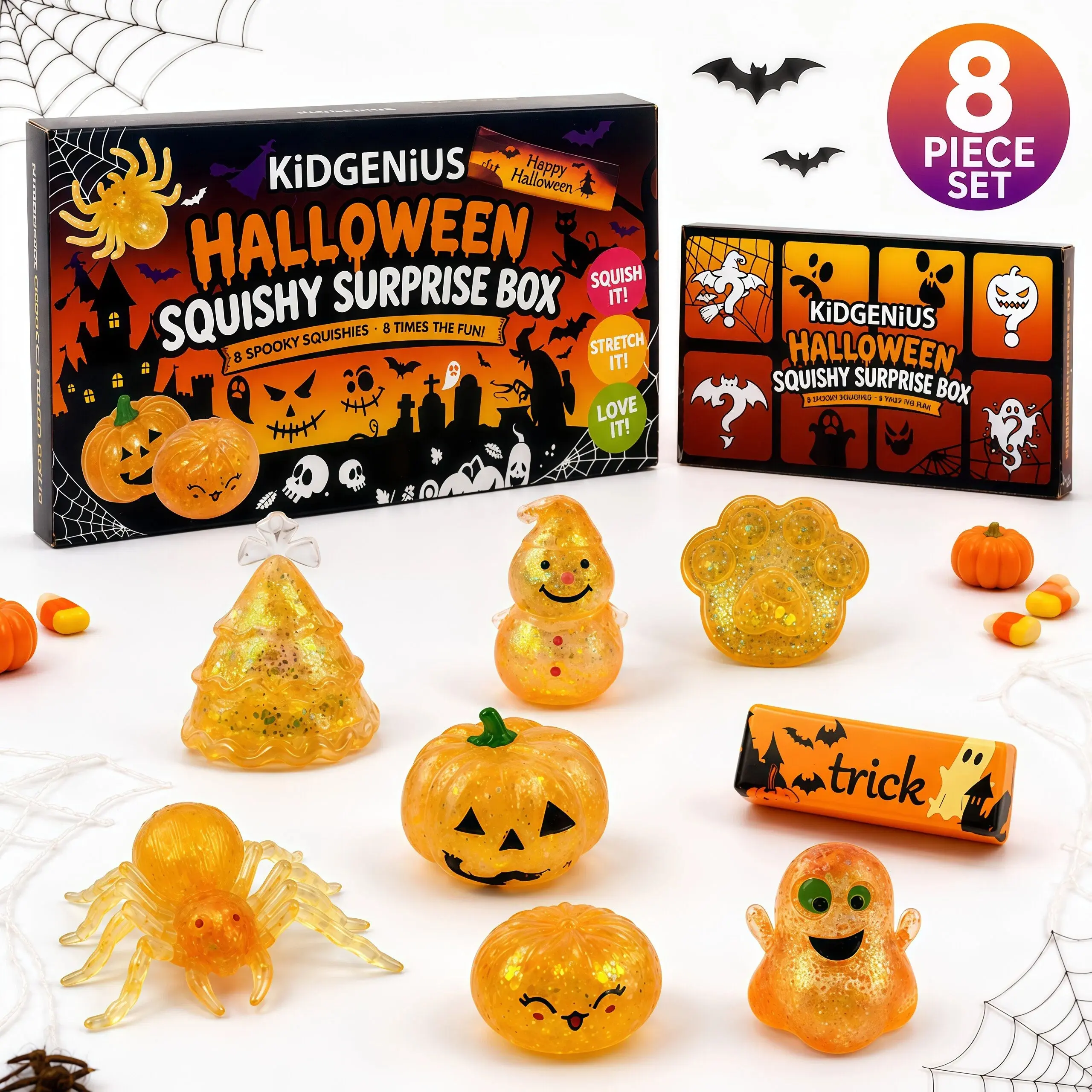 KIDGENIUS Glitter Halloween Squishy Surprise Box, 8-Pack Spooky Party Favors for Kids, Stress Relief Classic Novelty Toy