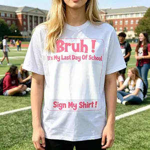 Humorous Graduation Signature T-Shirt for Students Viral Bruh Sign My Shirt Tee in Pink and Black Perfect for Last Day of School Celebrations and Creating Memories