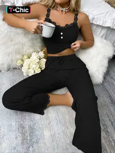 Women's Two-Piece Plain Lace Trim Pajama Set, Comfortable Backless Elegant Sleeveless Cami Top with Fake Buttons & Drawstring Waist Pants, Summer Sleepwear for Home, Loungewear Pyjamas for Women