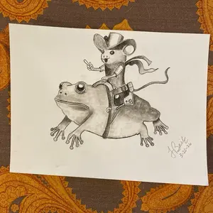 Howdy, frog and mouse, 9 x 12, charcoal