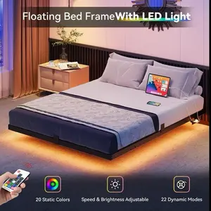 DWVO Floating Bed Frame Full/Queen/King Size, LED Bed Frame with Charging Station, Metal Platform Full Bed with Heavy Duty Steel Slats Supports, No Box Spring Needed, Easy Assembly
