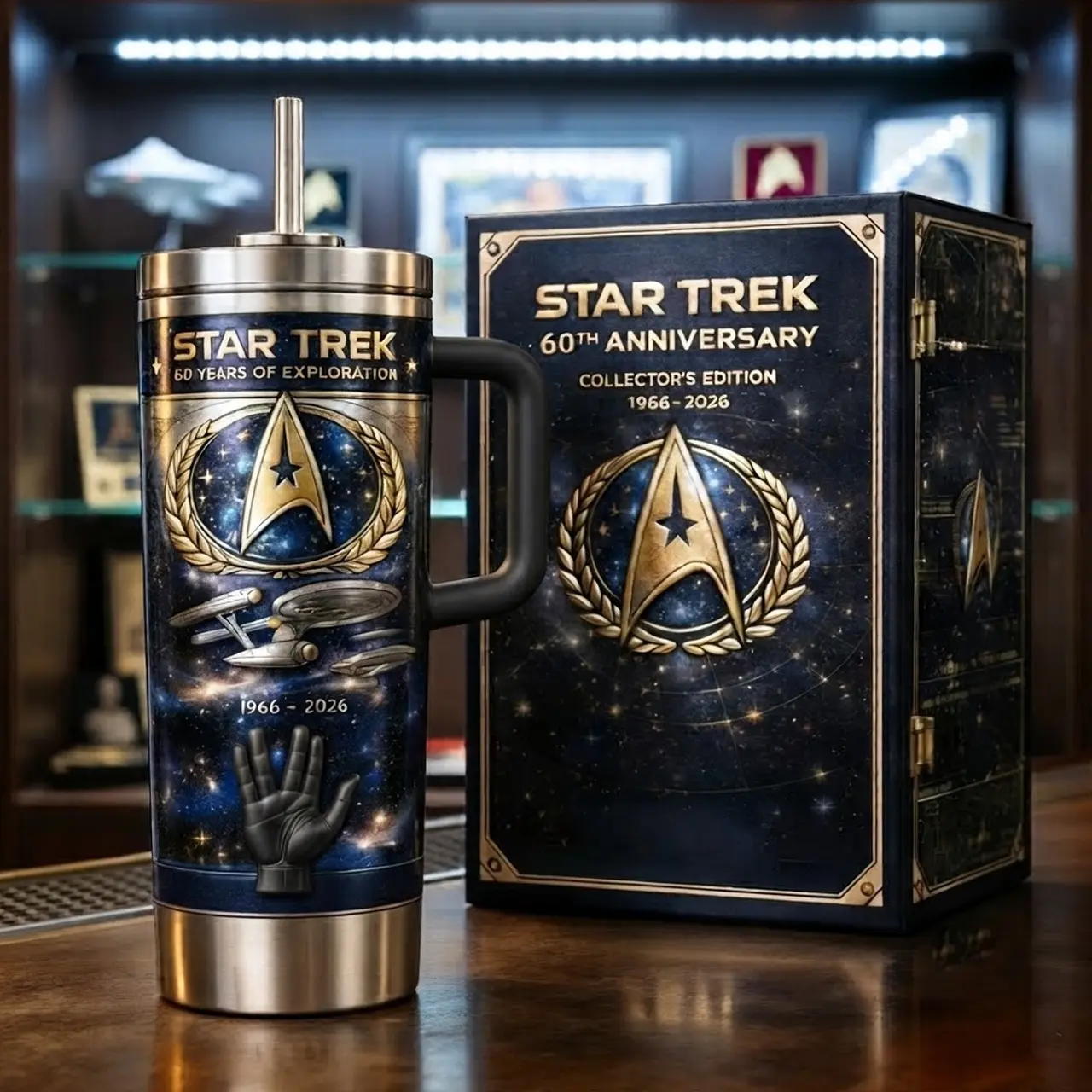 Star Trek Uss Enterprise Ncc 1701 60Th Anniversary Tumbler 40oz With Handle & Straw, Limited Edition Collector Cup, Uss Enterprise Ncc-1701 Galaxy Stainless Steel Travel Mug, Star Trek Spaceship Gift, Insulated Drinkware