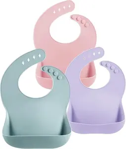 Mother Day Gift 3 Pack Silicone Bibs for Babies Toddlers Girls, Adjustable Fit BPA Free Waterproof Bibs with Pocket Food Catcher (Blue/Pink/Purple)