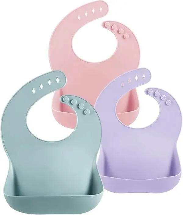 Summer Spring Gift 3 Pack Silicone Bibs for Babies Toddlers Girls, Adjustable Fit BPA Free Waterproof Bibs with Pocket Food Catcher (Blue/Pink/Purple)