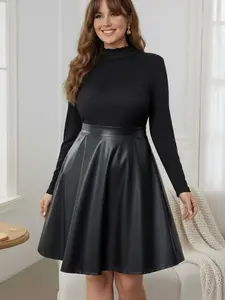 Plus Size Mock Neck Long-Sleeve A-Line Dress in Woven Fabric, Fall & Winter Fashion, Elegant Chic Party Style, Comfortable Slim Fit