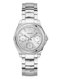 GUESS Female Silver-Tone and Crystal Multifunction Watch