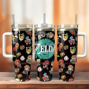 Zda Tears of the Kingdom Tumbler 40oz – Chibi Character Pattern Travel Mug, Insulated Stainless Steel Cup with Handle & Straw, Gift for Gamers & Zelda Fans