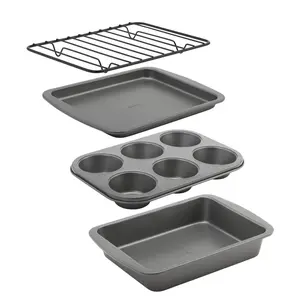 4-Piece Nonstick Steel Toaster Oven Set with Sheet Pan, Rack, Cake Pan, and Muffin Pan, Gray, 4-Piece Set Distributes Heat Evenly, Nonstick Coating, Dishwasher-Safe
