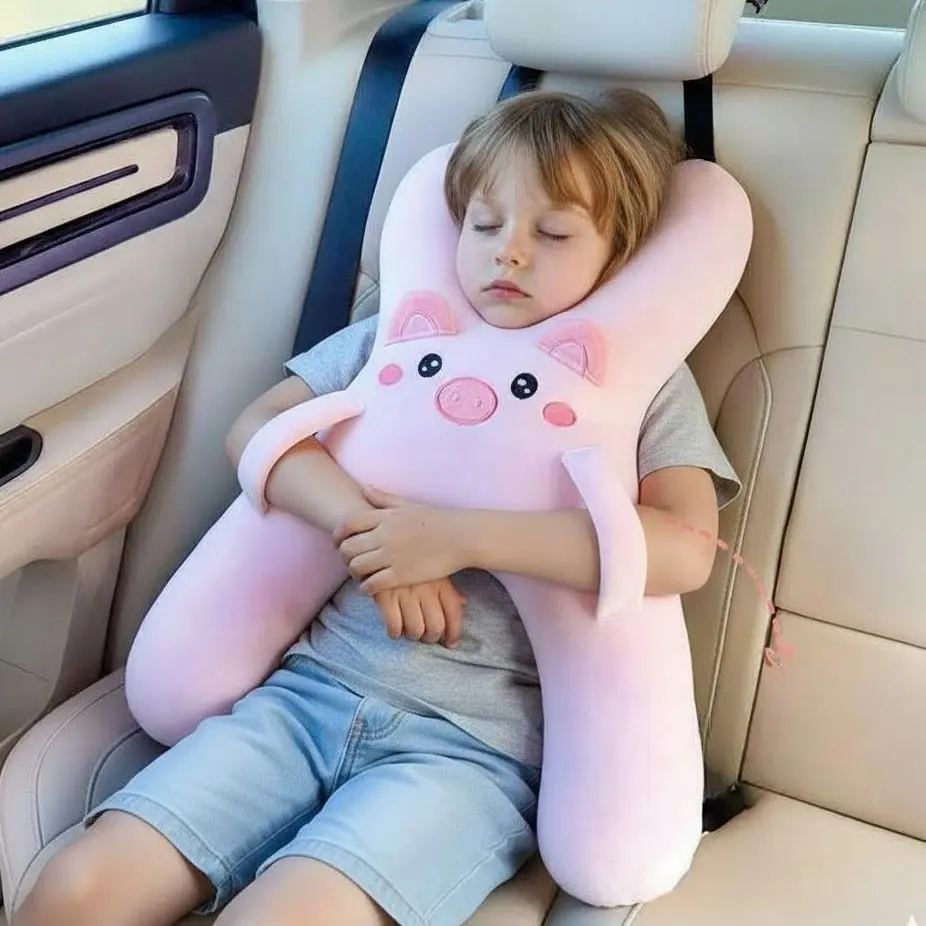 Plush Animal Kids Car Neck Pillow, H-Shape Ergonomic Travel Cushion and Seatbelt Cover for Toddler Head Support on Road Trips