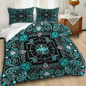 2/3Pcs Gothic Paisley Duvet Cover Set, Vibrant Turquoise and White Bedding Set, Soft Fabric for Cozy Bedrooms, Stylish Home Decor with Sugar Skulls and Floral Motifs. Includes 1 or 2 Pillowcase - No filling/Zipper Closure