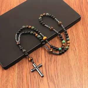 SW1pc Retro Natural Stone Turquoise Tiger Eye Black Hematite Cross Pendant, Men's Original Stone Prayer Beads Rosary Necklace initial  necklace