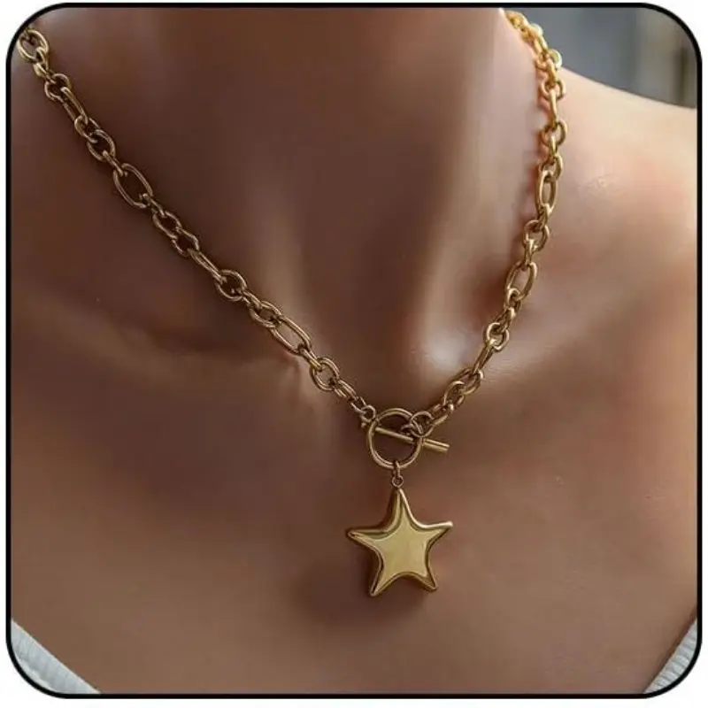 Women's Boho Style Long Chunky Star Necklace - Large Star Pendant, Thick Chain, OT Toggle Clasp, Daily Statement Costume Accessory, Boho Style Jewelry, Boho Necklaces, Chunky Silver Necklaces