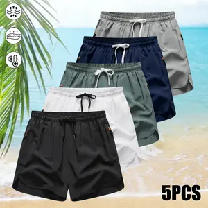 5-piece set of summer men’s breathable quick-dry beach shorts featuring drawstring and zippered pockets; breathable men’s shorts suitable for everyday wear and tropical summer swimwear.