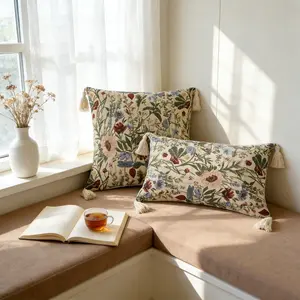 Rustic Vintage Botanical Theme Plant Branch Embroidered Pillow Cover, Tassel Sofa Cushion Bed Headrest, Living Room Decorative Pillowcase Without Filler Home Textile