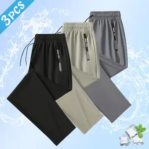 Men’s 3-Pack Minimalist Fashion Ice Silk Casual Athletic Pants — Drawstring Waistband, Zipper Pockets, Skin-Friendly Comfort, Essential for Warm Weather and Everyday Wear SpringStatements