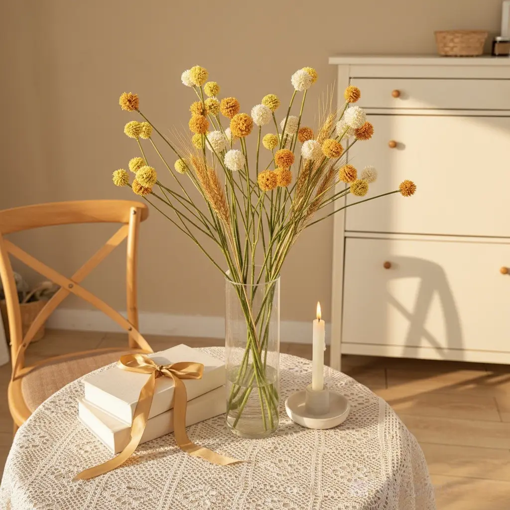 5-Head Craspedia Billy Balls Artificial Flowers White Fake Dandelion Bouquet Minimalist Style Handheld Arrangement for Photo Props Home Decor Dried Floral Displays