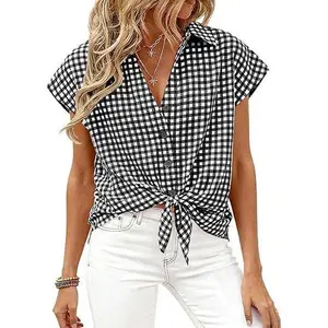 Womens Short Sleeve Shirts Plaid Button Down Blouse Dressy Casual 2026 Summer Spring Business Gingham Work Tops