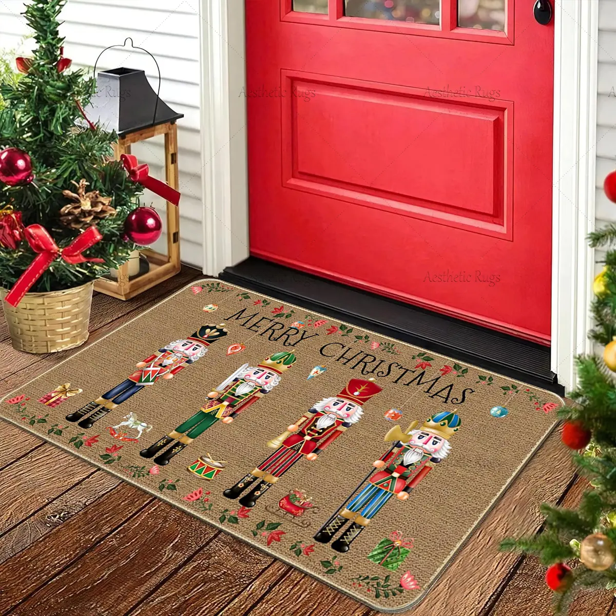 Rustic Christmas Door Mat, Soft Plush Non-Slip Carpet, Pet Friendly, American Vintage Style, Ideal for Entryway & Living Room