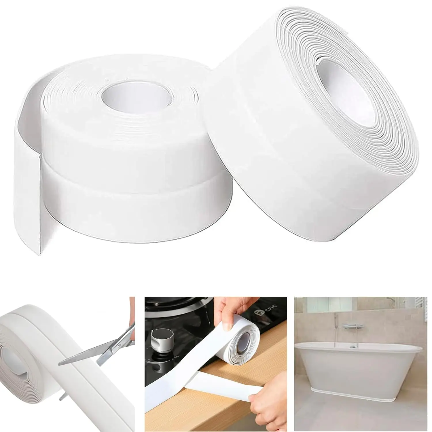 KITCHEN 4pcs Self-Adhesive Caulking Tape (1.49in x 10.5ft/3.8cm x 3m) - Peel-and-Stick Waterproofing Sealant Strip for Bathtub Caulking, Sinks, Wood, Flexible Design, Middle Crease, Easy Application on Glass, Metal, Tile Leak Sealing, Exterior Interior Ca