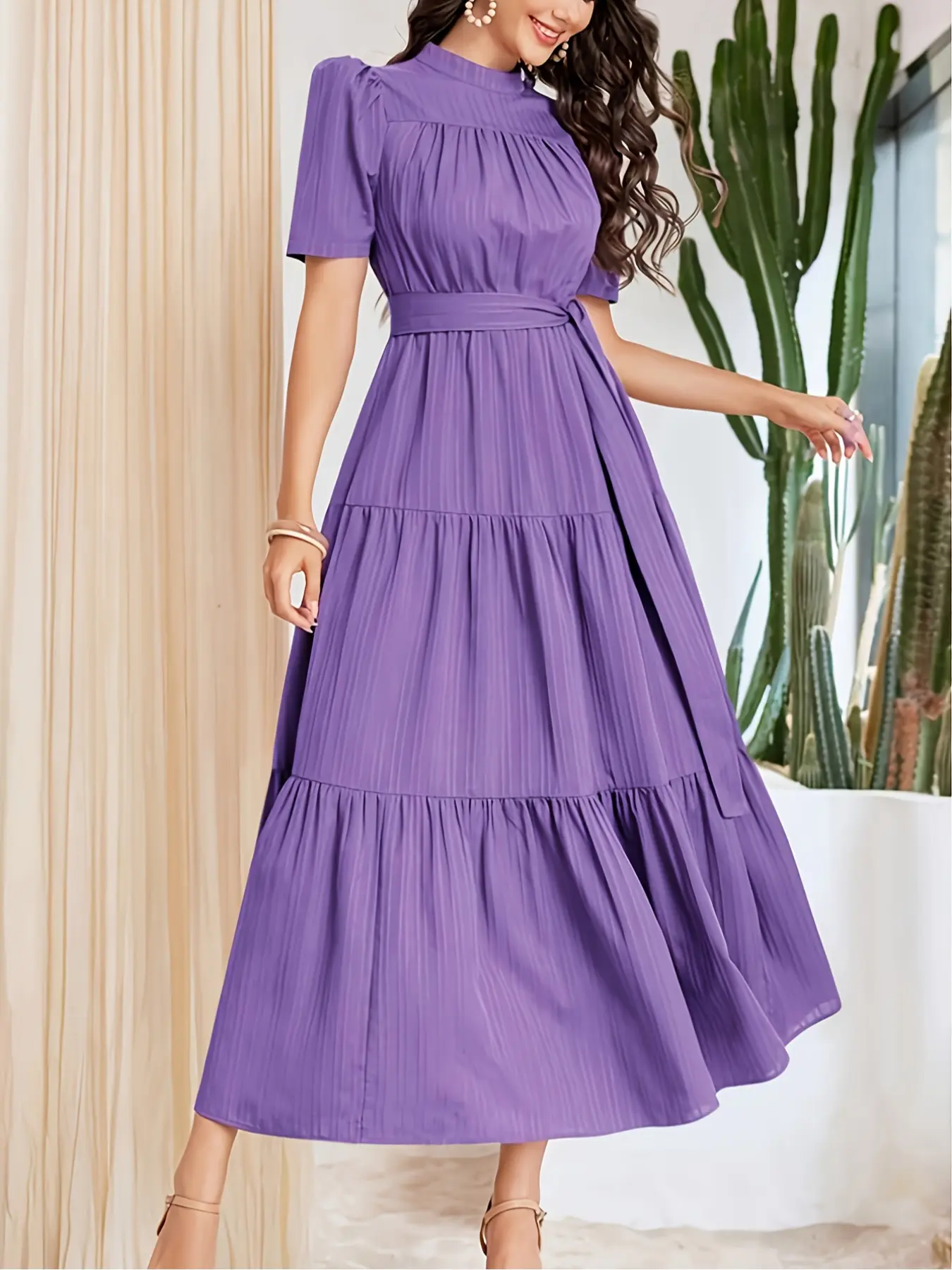 High Neck Woven Pleated Women Dress, Bohemian Sweet Elegant Style, Self-Tie Waistband and Puff Sleeves, Perfect for Vacation, Dates, Daily and Casual Wear