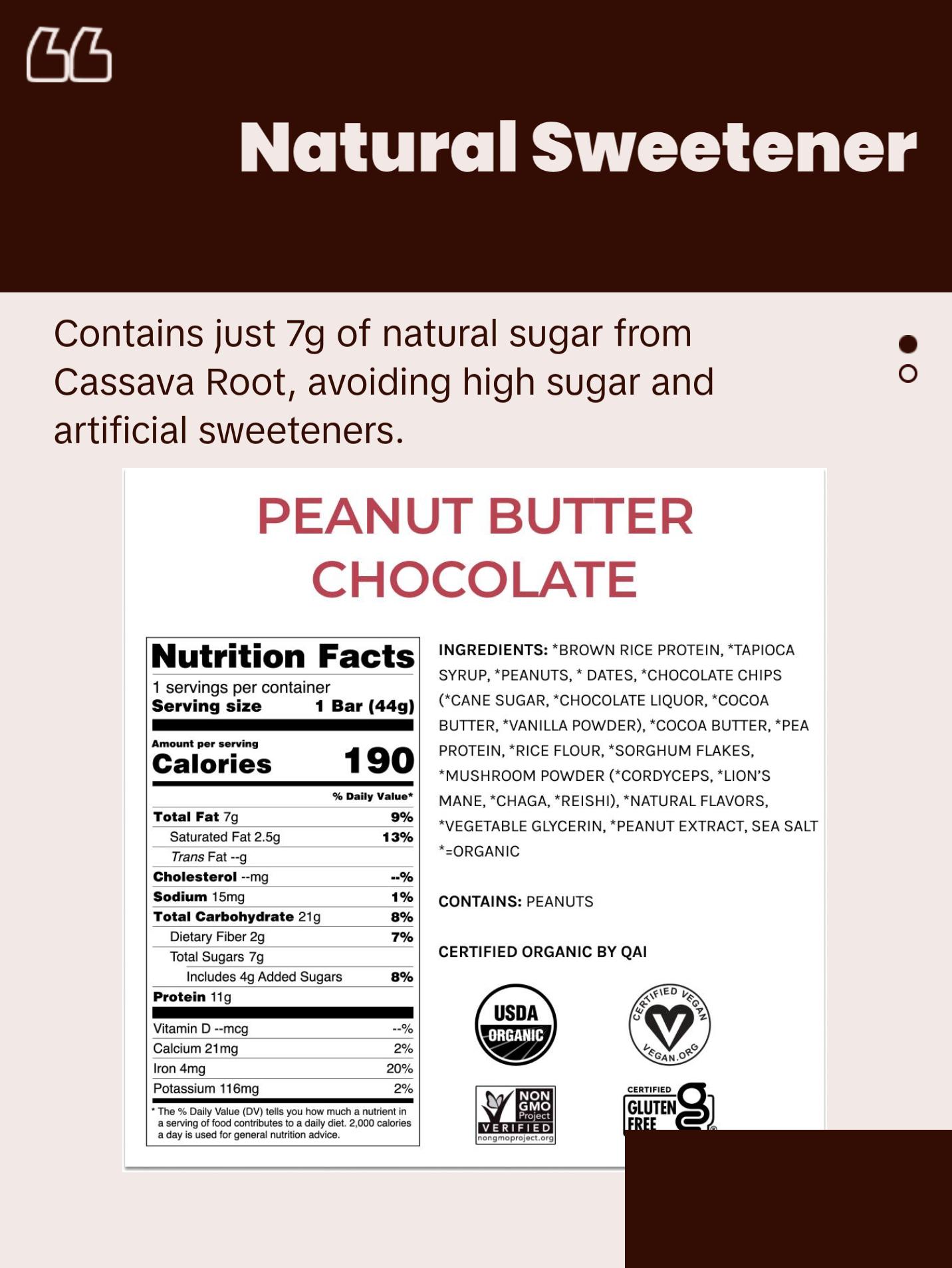Organic Functional Mushroom Protein Bars | Full Dose (1500mg) Lions Mane, Chaga, Reishi & Cordyceps Bars | Vegan | Peanut Butter Chocolate Flavor