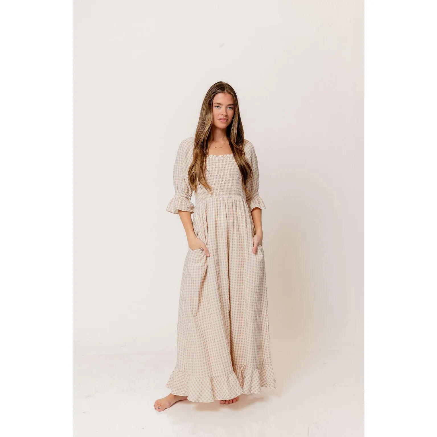 Sienna 100% Cotton Puff Sleeve Maxi Dress in Rose Plaid (Lined) - Bump Friendly
