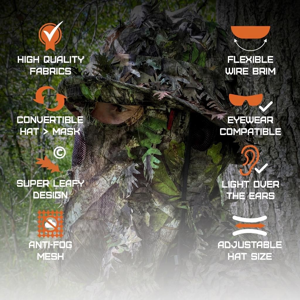 3D Leafy Camo Bucket Hat for Men - Built-in Face Mask, Adjustable Size for Turkey Hunting & Outdoor Gear