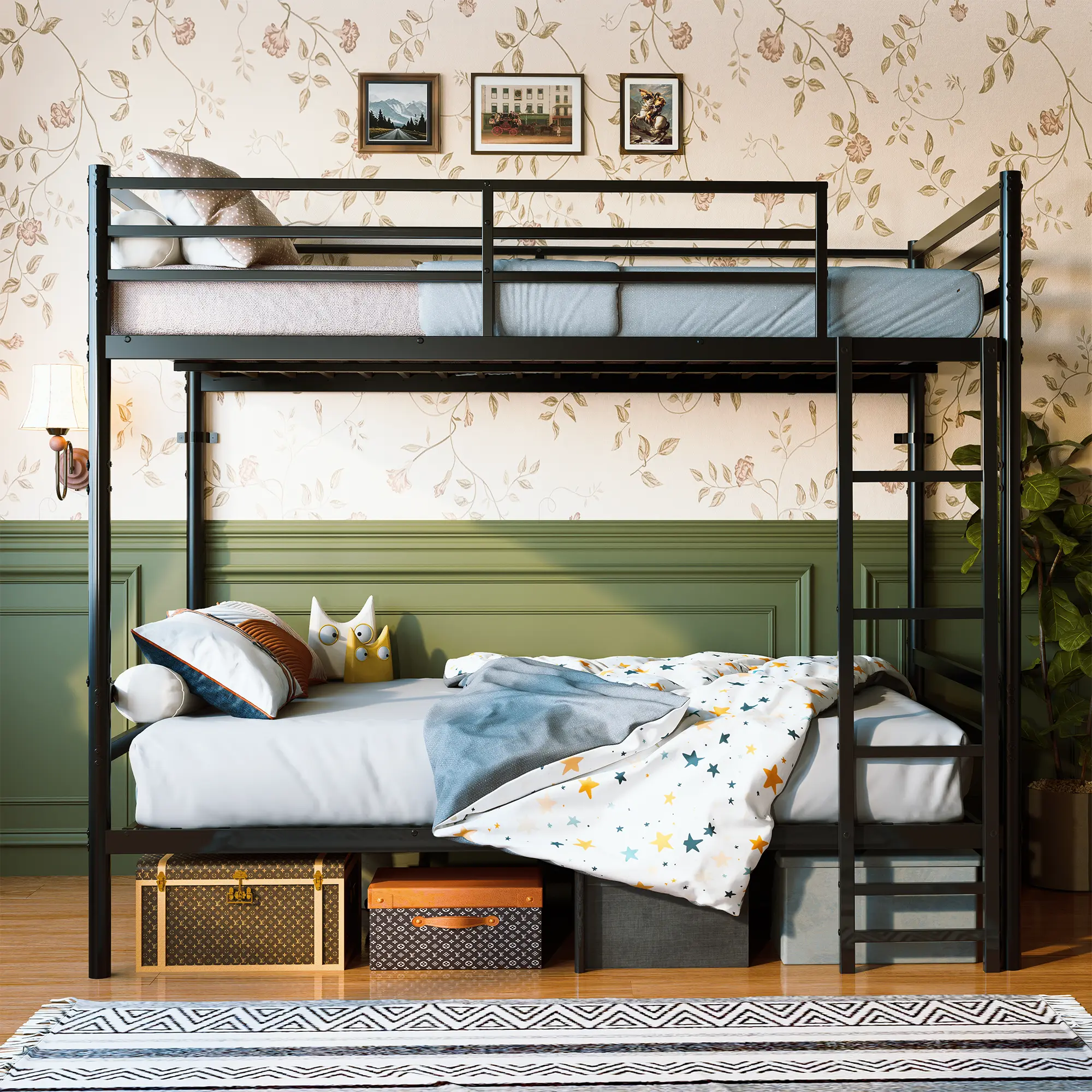 Metal Twin Over Twin Bunk Bed Frame for Teens/Adults, 13.7" High Safety Guardrail, 19 Heavy-Duty Slats, Supports 600LBS, Sturdy Ladder, Large Under-Bed & Built-In Storage, Convertible to 2 Separate Frames, Black, Twin Bed Frame