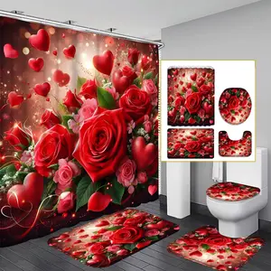 1pc/4pcs 2D Flat Valentine's Day Heart and Floral Pattern Multi-Color Shower Curtain, Home Bathroom Art Decoration, Bathroom Supplies, Shower Curtain Set with 12 Hooks, Bathroom Non-Slip Mat, Toilet Seat Cover, Holiday Decoration