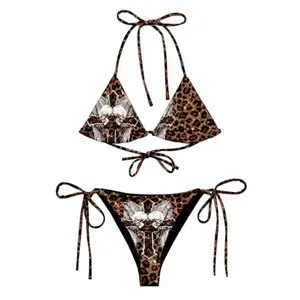 Leopard Skull Print Triangle Bikini Set – Sexy Tie Side Swimwear for Women, Adjustable Halter Top & Thong Bottom, Trendy Y2K Beachwear, Summer Vacation Pool Party Outfit Viral TikTok Style