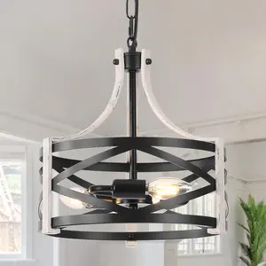 3-Light Farmhouse Chandelier for Dining Room, 12" Rustic Oak White Pendant Light Adjustable Chain for Kitchen Island Foyer Bedroom