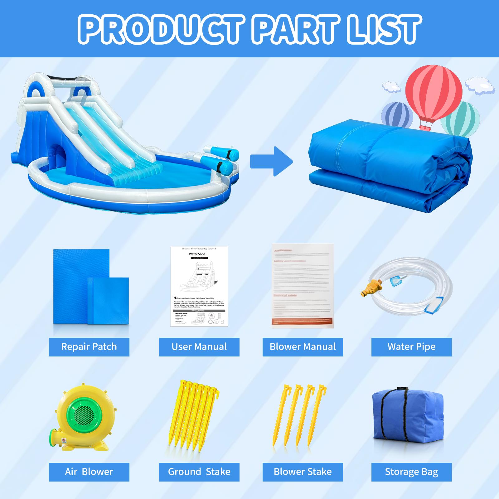 Inflatable Double Water Slide Large Climber Inflatable Water Park for Big Kids 5-10-Huge Splash Pool-Easy to Set Up & Inflate with Air Blower Carrying Case Water Pipe Storage Bag-Bule