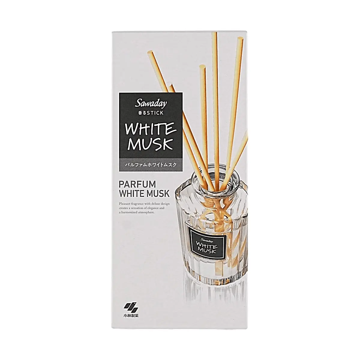 Kobayashi Sawaday White Musk Minimalist Rattan Reed Diffuser Bottle - 70ml, 8 Rattan Sticks, Cordless Aromatherapy Floral Fragrance Oil, Adjustable Long-Lasting Flameless Fume-Free Calm Living Home Decor, Gift Option