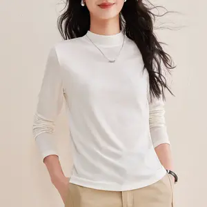 Tencel-Wool Blend Face Mask Tee - Women's Spring 2026 Collection: Lightweight White Base Layer Top - Long-Sleeve T-Shirt with Mock Neck and Structured Shoulders1111