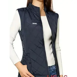 Zip-up Quilted Puffy Lapel Vest, Casual Sleeveless Pockets Patch Vest For Fall & Winter, Women's Clothing