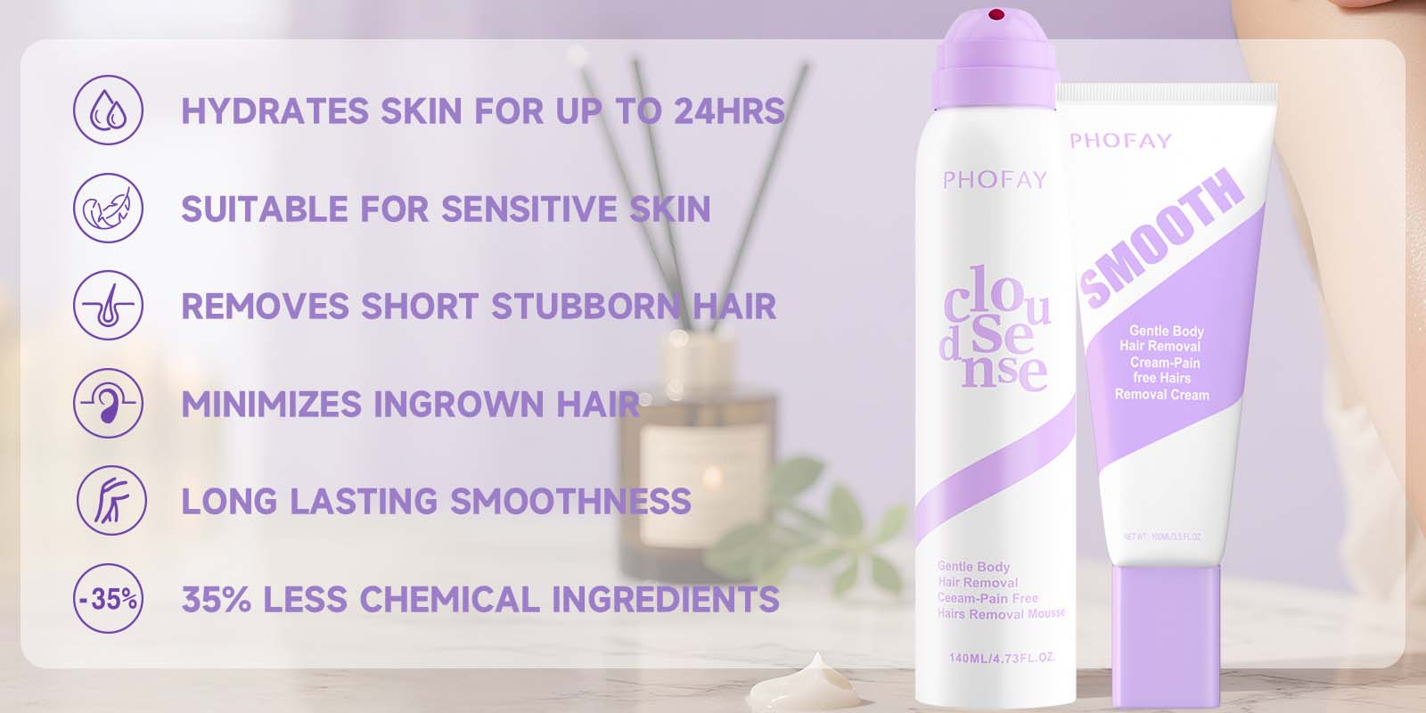 PHOFAY Pain-Free Bikini Hair Removal Cream for Sensitive Skin - Hypoallergenic, Fast-Acting Depilatory with Citrus Scent, Aloe, Hyaluronic Acid, Body Care Benefits, Portable Size for Multiple Areas, Suitable for Men & Women