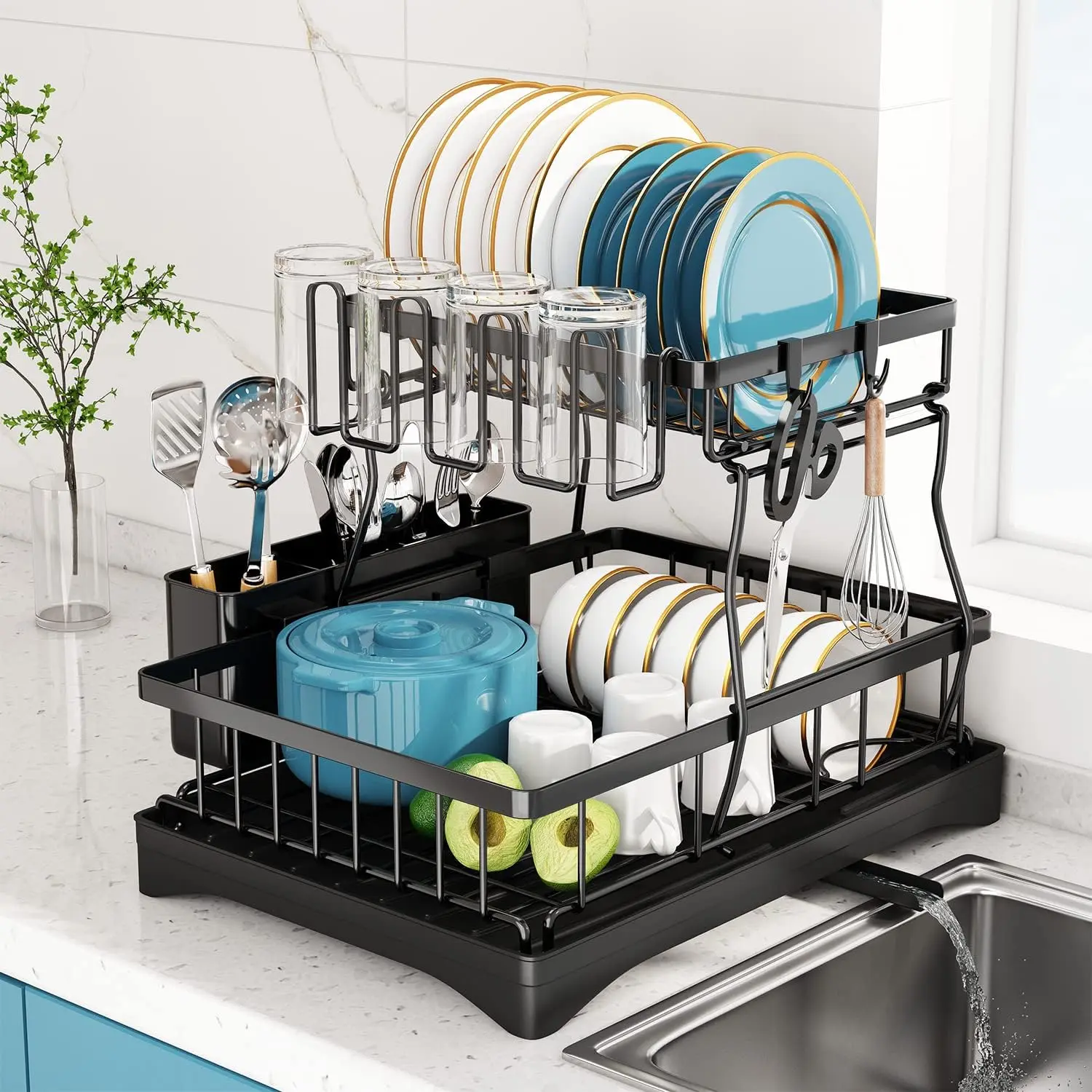2‑Tier Large Capacity Dish Drying Rack, Stainless Steel Countertop Dish Drainer with Drainboard, Cup Hooks and Utensil Holder for Home Kitchen Use
