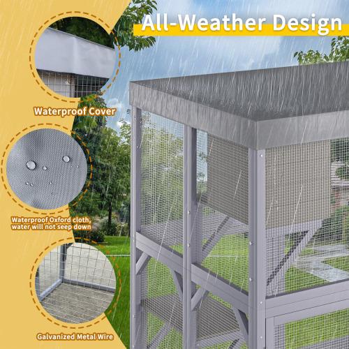 Outdoor Wooden Catio Multi-functional Cat Enclosure, 4 Platforms & 2 Napping Houses, 2 Strong Locks, Rounded Corner, Stepped design,Galvanized Wire