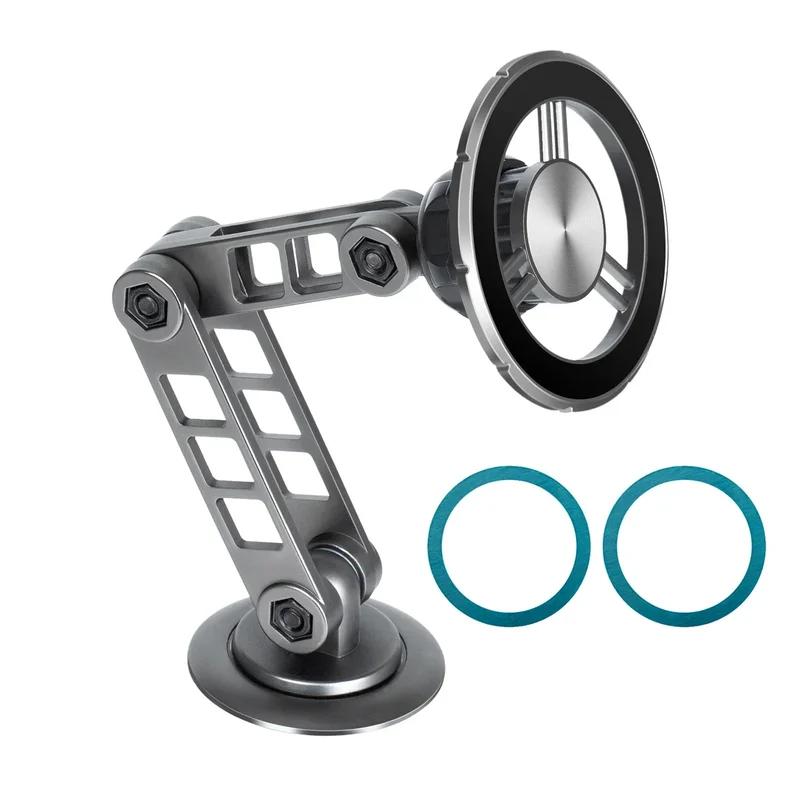 Magnetic Car Phone Stand - 360-Rotation Magnetic Mobile Stand, Foldable Durable Metal Alloy Auto Accessory, Hands Free GPS Compatible Phone Holder for Car, Sticks to Center Console, Grey