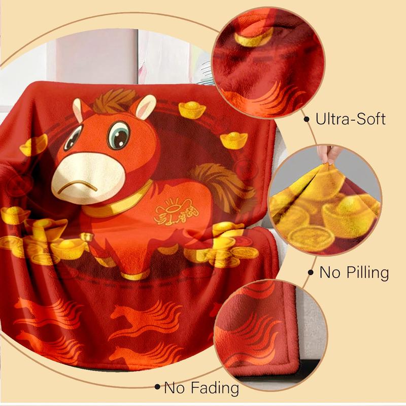 Cute Bitter Horse Theme Flannel Blanket, Large Size, Soft Lightweight Warm, Perfect for Bed Sofa Office Camping Travel Gift