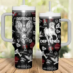 Deftones White Pony 40oz Tumbler with Handle & Straw - Leak-Proof Stainless Steel Insulated Cup - Rock Music Aesthetic Gift for Fans