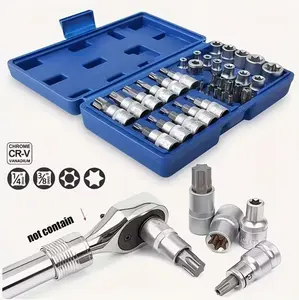 Professional 34pcs 3/8-|nch Drive Torx Bit & E-Torx (Star)Socket Set, Cr-V E4-E20,S2 T10-T60, Tamper Proof TT10-TT55, with 5/16"F to 3/8"M Adapter-ldeal Hand Tools forAutomotive, Bike & Home Repair