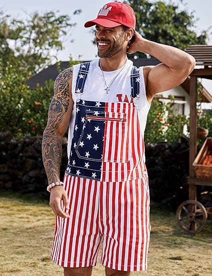 WIRDATRD Unisex 4th of July Overalls Shorts American Flag Romper USA Festival Jumpsuits Independence Day Work Bibs Coveralls Patriotic Gifts for Men and Women 250th Anniversary Outfit Fashion Menswear