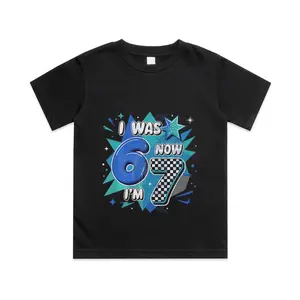 Blue Checkered I was 6 Now I'm 7 Birthday Boy Bday 6 7 Cotton T-shirt, Graphic Print Round Neck Short Sleeve Casual Tee for Boys Girls