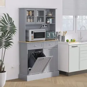 Freestanding Gray Kitchen Floor Unit - 2 Tilt-Out Compartments, Microwave Stand, Built-In Charging Station, Pantry Storage Solution