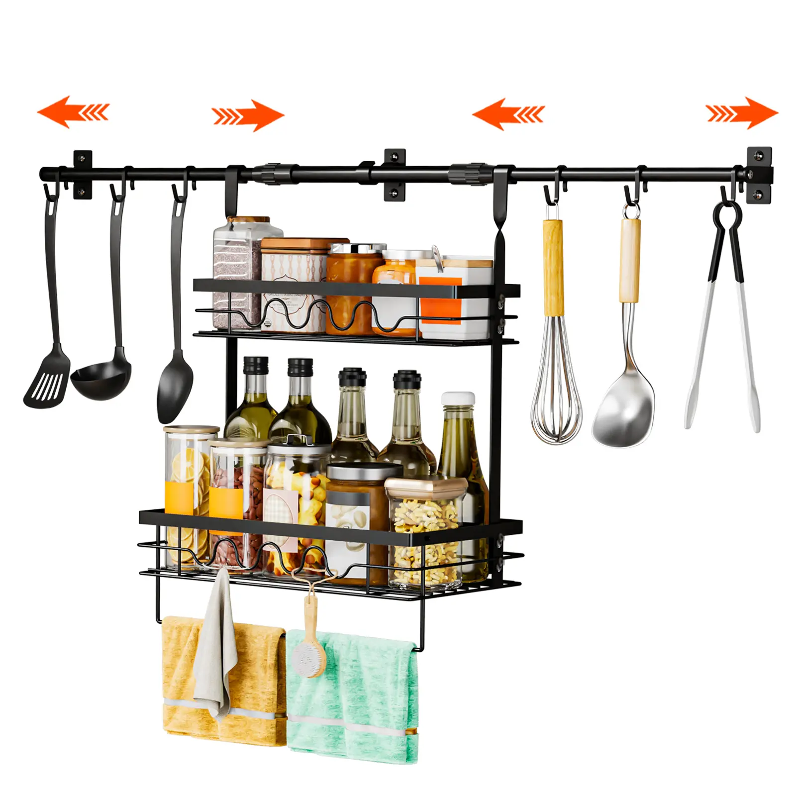 CasaDolce Metal Adjustable Hanging Spice Rack Organiser - Rectangle Kitchen Wall Shelves, Wall-Mount with Retractable Bracket, Towel Bar, Hooks, Coffee Mug Holder (20 - 25 Kg Capacity, Kitchen Use) Durable Home Organizer Storage Rack