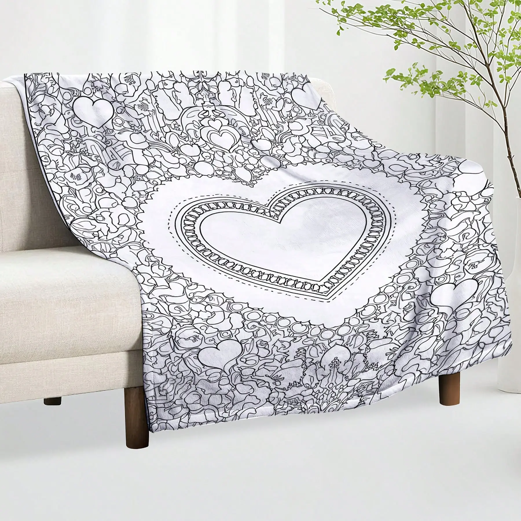1pc Coloring Book Page Printed Flannel Blanket | Digital Print, Non-Shedding, Suitable For Sofa, Bed, Travel, Camping, Living Room, Office, Heart Pattern Design, All-Season Use 30*40inches Blanket